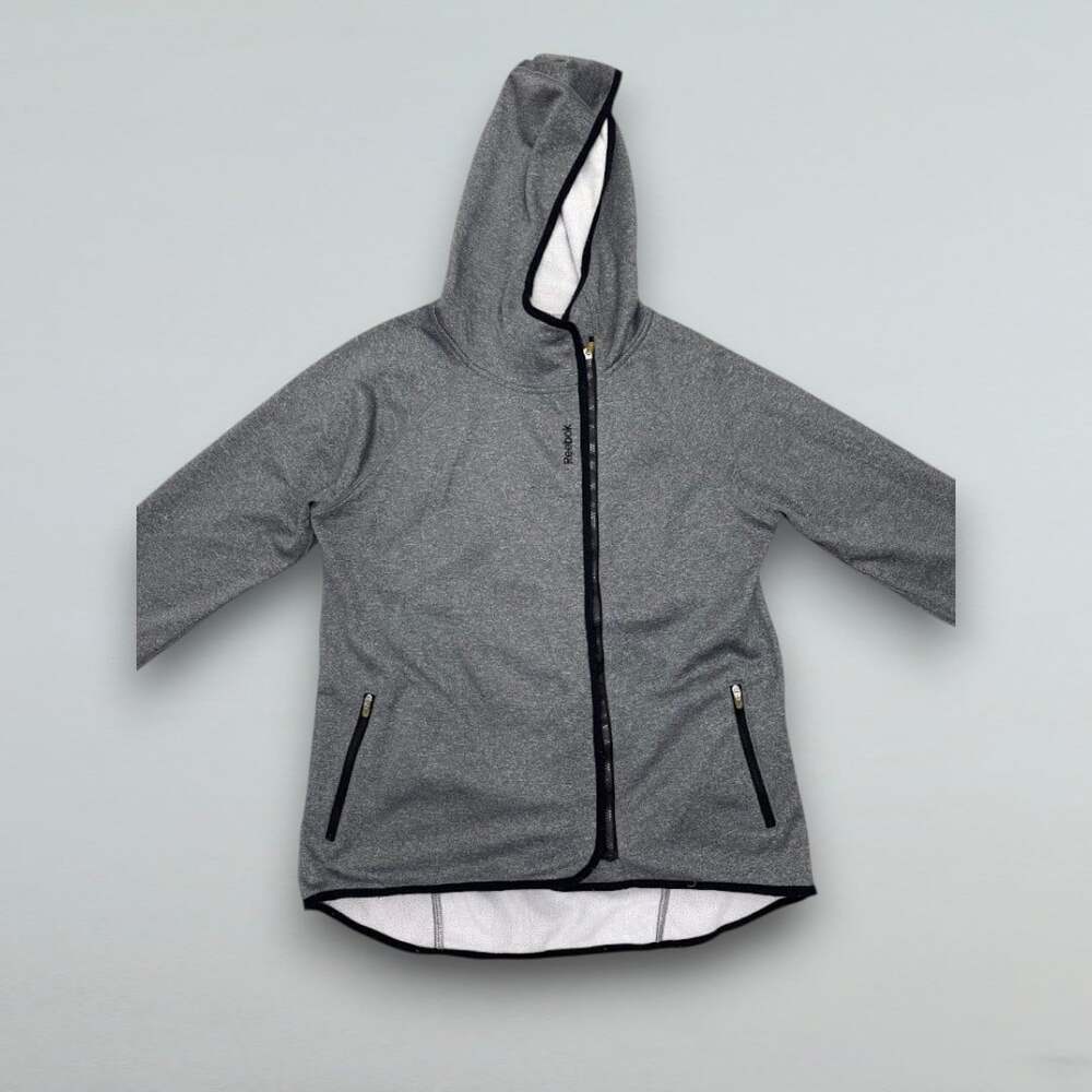 Gray Full Zip Hooded Athletic Jacket Thumbholes Zip Pockets Size M